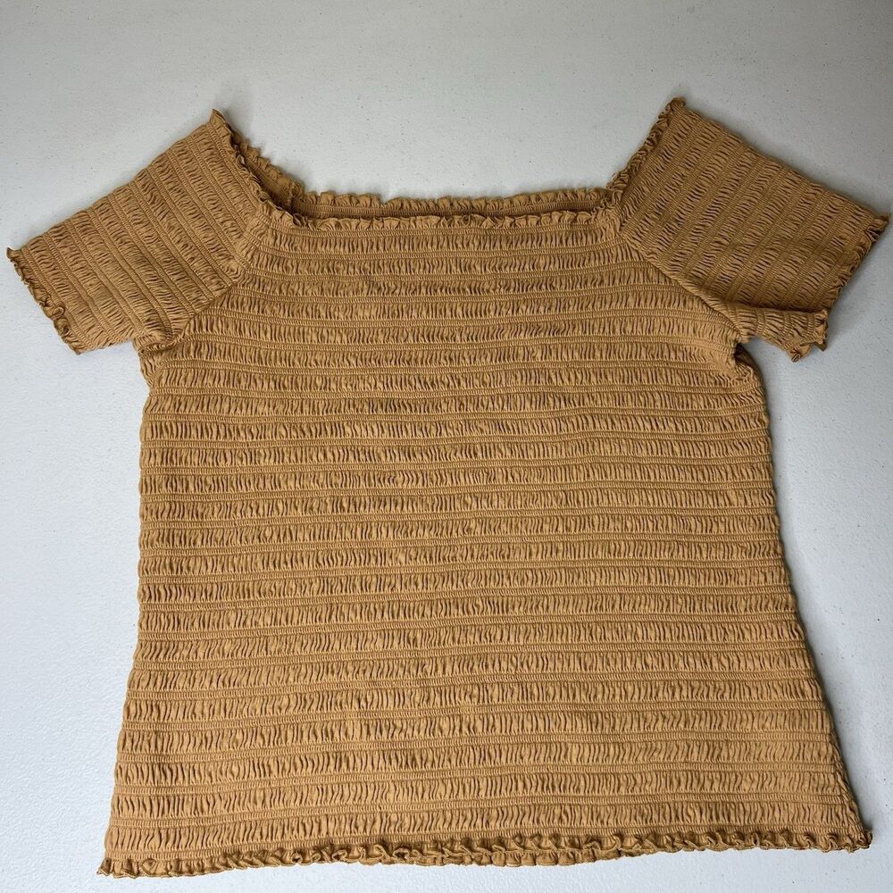 Gap Smocked Top Womens XXL Brown Turmeric Off Shoulder Textured Boho Peasant